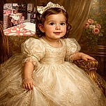 A charming baby girl dressed in a white party dress sits in a wooden high chair adorned with tassels and a '1' banner, surrounded by pink-themed birthday decorations celebrating her first birthday. The cozy room features floral and balloon motifs, wooden furniture, and a festive atmosphere.
