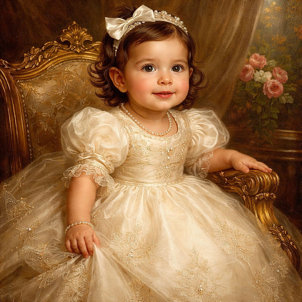 A charming baby girl dressed in a white party dress sits in a wooden high chair adorned with tassels and a '1' banner, surrounded by pink-themed birthday decorations celebrating her first birthday. The cozy room features floral and balloon motifs, wooden furniture, and a festive atmosphere.