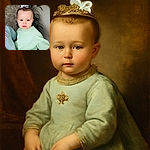 A serious-faced toddler wearing a mint green sweater and a cute bow on their head is being held by someone in a festive shirt, with a leafy plant and framed art in the softly lit background.