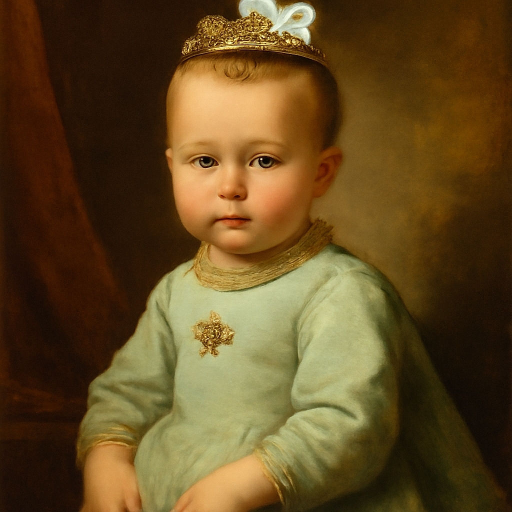 A serious-faced toddler wearing a mint green sweater and a cute bow on their head is being held by someone in a festive shirt, with a leafy plant and framed art in the softly lit background.