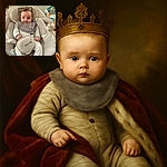 A wide-eyed baby bundled in cozy striped pajamas and a bib, sitting snugly in a plush baby rocker with a pacifier resting nearby and soft toys hanging overhead, looking curiously at the camera with a pair of glasses perched behind their head.