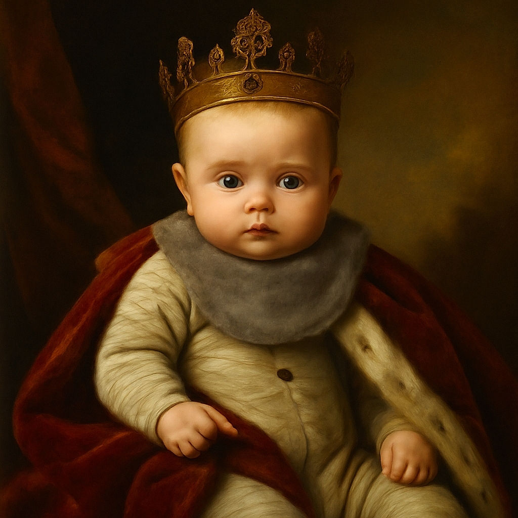 A wide-eyed baby bundled in cozy striped pajamas and a bib, sitting snugly in a plush baby rocker with a pacifier resting nearby and soft toys hanging overhead, looking curiously at the camera with a pair of glasses perched behind their head.