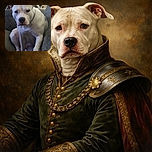 A white dog with a serious expression sits on a gray couch, looking straight at the camera with a slightly tilted head. The background is dim and out of focus, highlighting the dog's attentive pose.