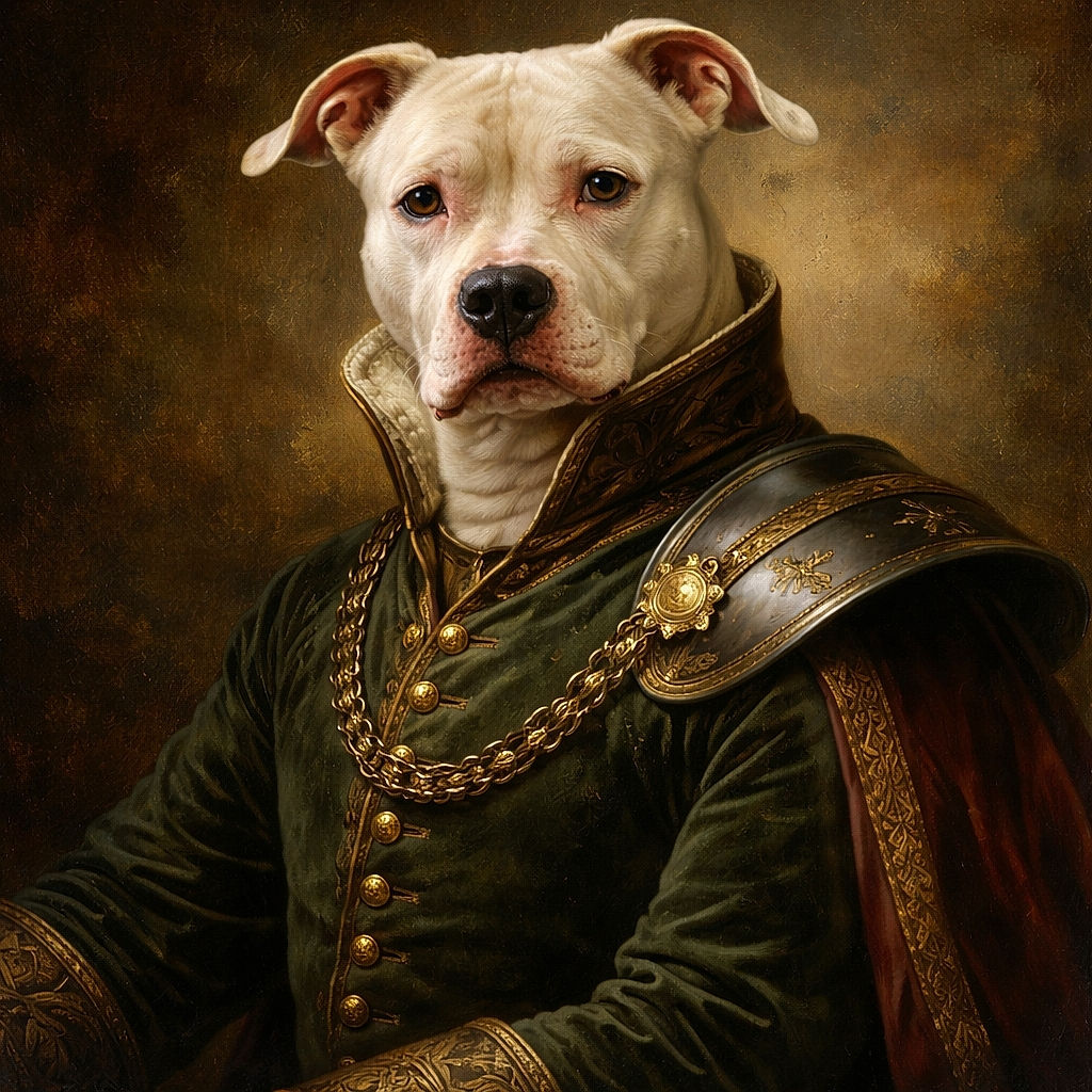 A white dog with a serious expression sits on a gray couch, looking straight at the camera with a slightly tilted head. The background is dim and out of focus, highlighting the dog's attentive pose.