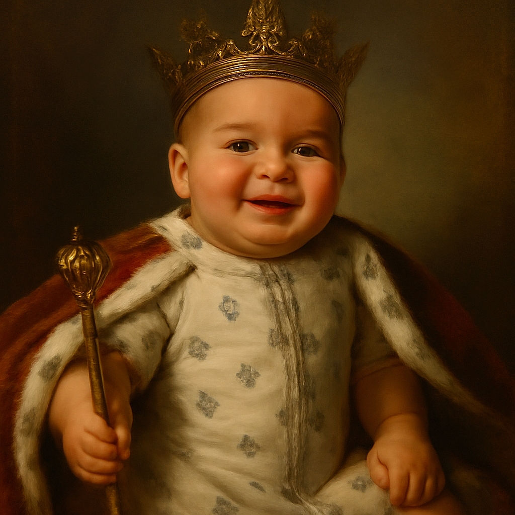 A joyful baby lying on a soft surface, wearing a cute white onesie decorated with little sheep, smiling warmly at the camera with a cozy blanket partially visible.