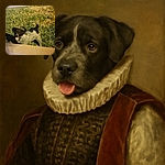 A playful black and white dog with its tongue out stands on patchy grass, captured in a slightly blurry and aged photo with warm tones and a vintage feel.