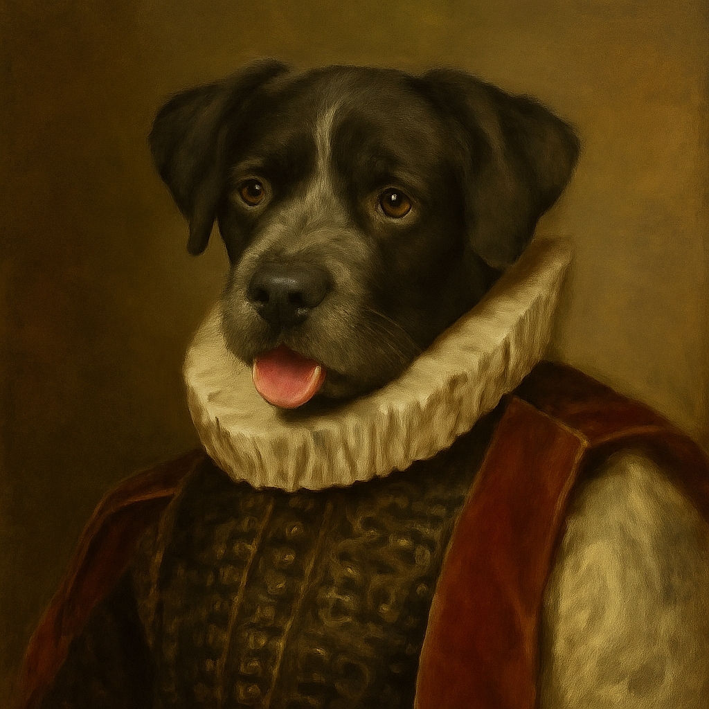 A playful black and white dog with its tongue out stands on patchy grass, captured in a slightly blurry and aged photo with warm tones and a vintage feel.