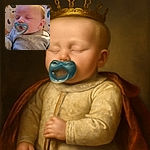 A peacefully sleeping baby with a blue pacifier, dressed in a cozy gray outfit, resting against a colorful patterned background that adds a playful touch to the serene moment.