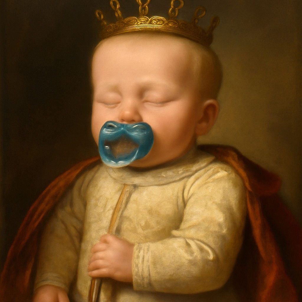 A peacefully sleeping baby with a blue pacifier, dressed in a cozy gray outfit, resting against a colorful patterned background that adds a playful touch to the serene moment.