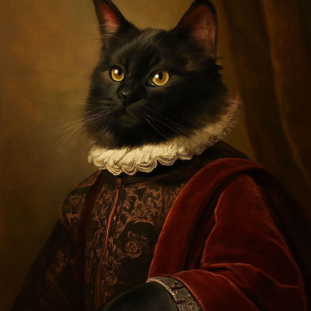 A sleek black cat lounges regally on a beige textured couch, its bright yellow eyes wide and alert, as if spotting a mysterious flying object in the kitchen background.