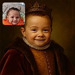 A smiling baby with curly hair is cozily seated in a padded baby chair, wearing a bright orange vest that contrasts with the soft beige and colorful patterned background. The baby’s eyes sparkle with curiosity and joy, making the photo heartwarming and adorable.