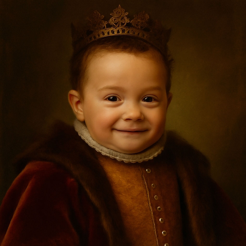 A smiling baby with curly hair is cozily seated in a padded baby chair, wearing a bright orange vest that contrasts with the soft beige and colorful patterned background. The baby’s eyes sparkle with curiosity and joy, making the photo heartwarming and adorable.