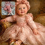 A happy baby dressed in a cute pink outfit with a matching headband lounges comfortably on a fluffy white blanket, sporting shiny golden shoes with pink bows, looking ready to charm the world.