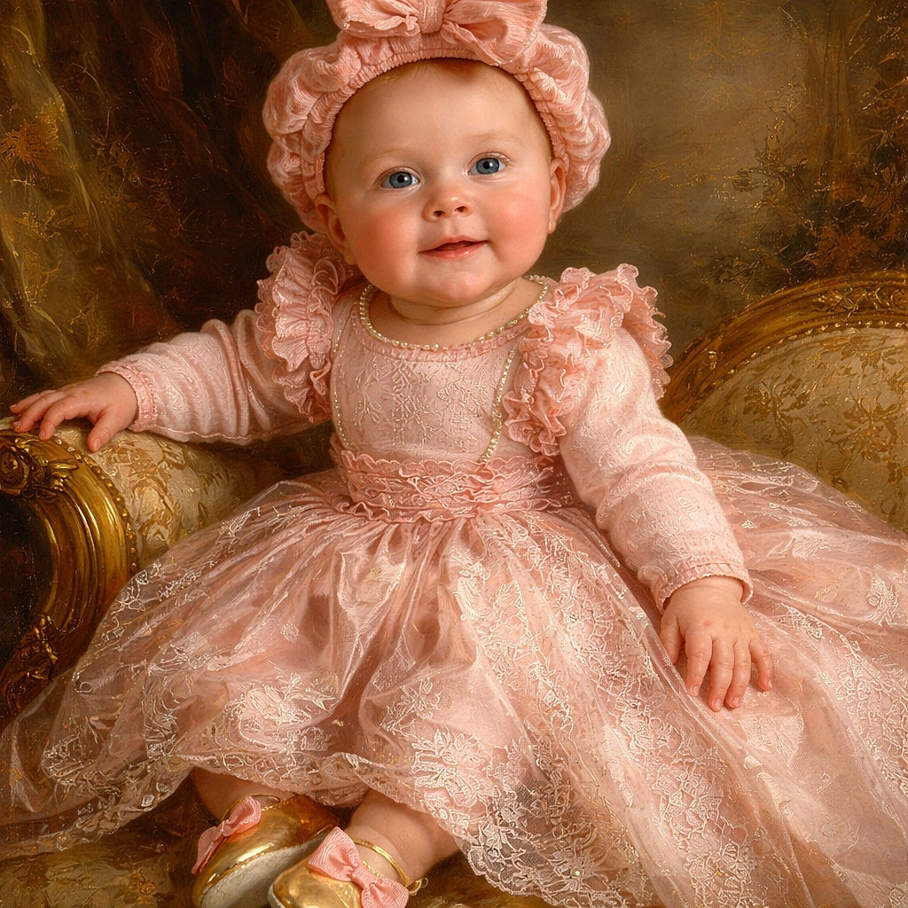 A happy baby dressed in a cute pink outfit with a matching headband lounges comfortably on a fluffy white blanket, sporting shiny golden shoes with pink bows, looking ready to charm the world.