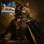 A fluffy tortoiseshell cat lounges regally on a white table bathed in soft sunlight streaming through blinds, casting striped shadows across its fur. The cozy scene suggests a calm afternoon nap spot with a pet bed tucked underneath.