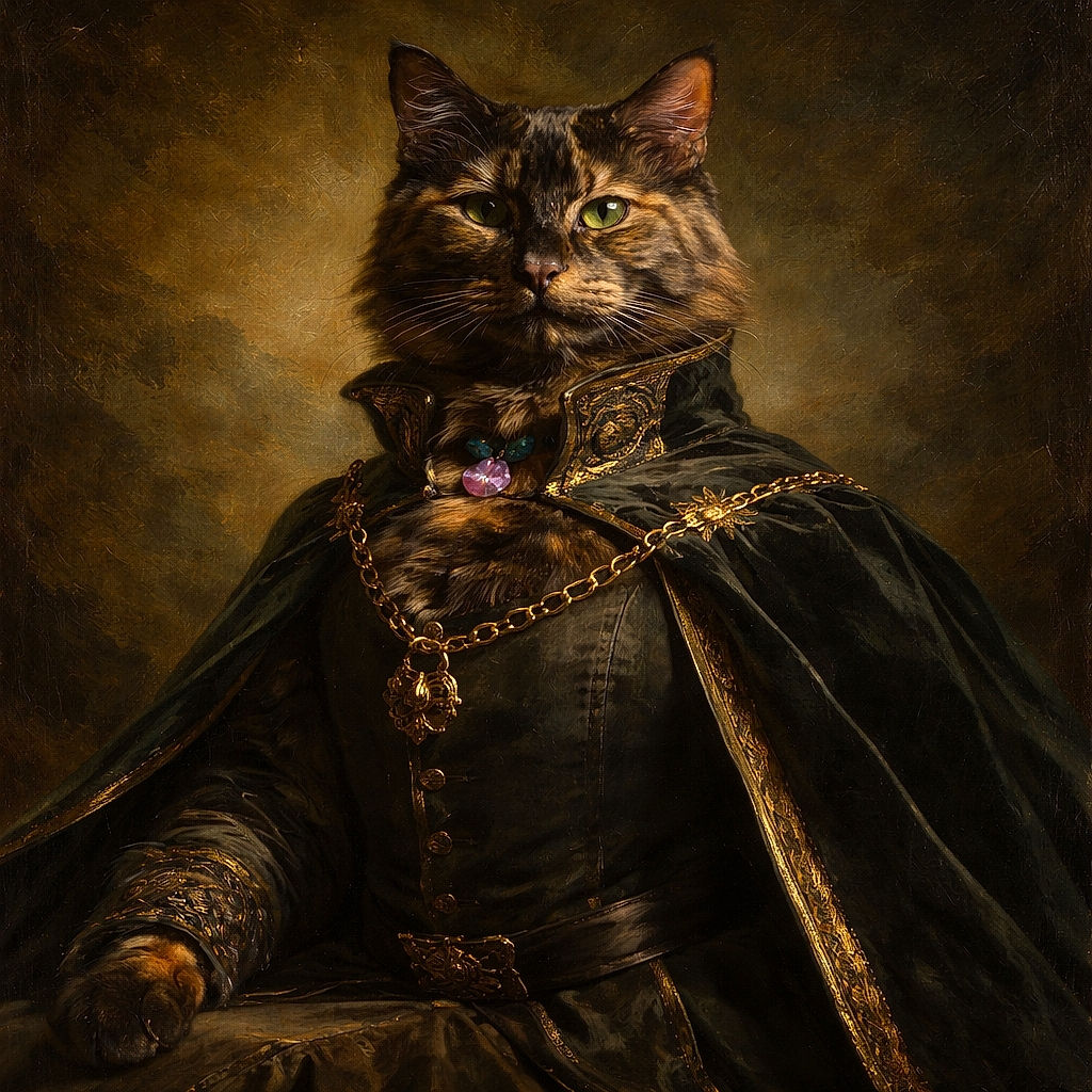 A fluffy tortoiseshell cat lounges regally on a white table bathed in soft sunlight streaming through blinds, casting striped shadows across its fur. The cozy scene suggests a calm afternoon nap spot with a pet bed tucked underneath.