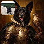 A cheerful black dog with huge perky ears stands on sunlit sand dunes, tongue out and smiling like it owns the beach. A thin leash trails to the side, a crumpled blue plastic bag sits in the foreground, and a green forest ridge provides a calm backdrop — all framed inside a phone screenshot with a website UI and a "Votre avis" button peeking on the right. The pup is clearly ready for adventure (and snacks).