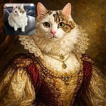 A fluffy white cat with striking yellow eyes sits perched on a black leather chair, staring curiously at the camera. The background is softly blurred, highlighting the cat's soft fur and attentive expression, creating a cozy indoor scene.