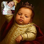 A sleepy baby dressed in a cozy white onesie with red patterns stretches an arm upwards, looking adorably tired and relaxed on a striped cushion background.