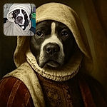 A charming dog wrapped snugly in a fluffy beige blanket with a hood, looking straight at the camera with soulful eyes, making it look like a cozy little wizard of warmth in a rustic indoor setting.