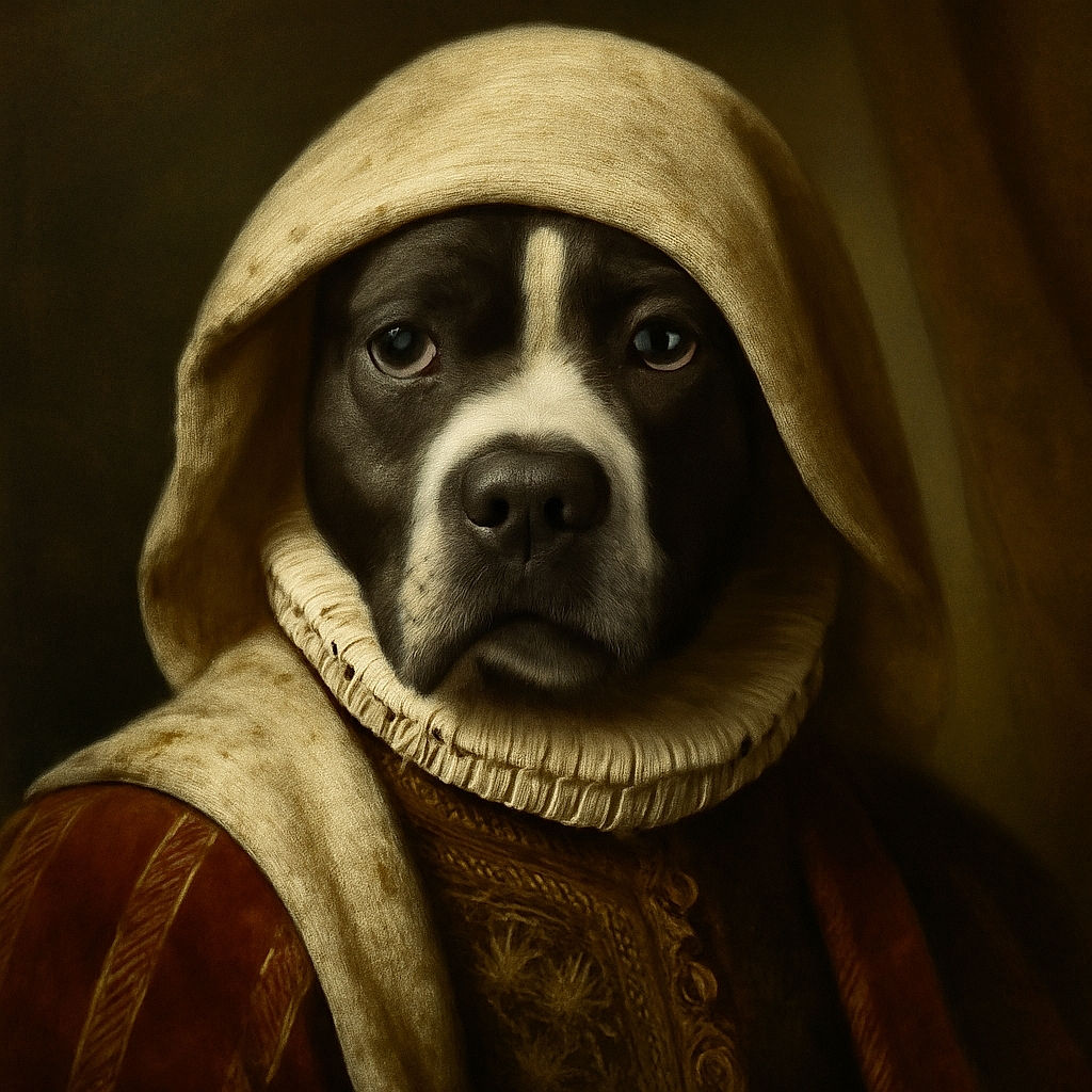 A charming dog wrapped snugly in a fluffy beige blanket with a hood, looking straight at the camera with soulful eyes, making it look like a cozy little wizard of warmth in a rustic indoor setting.
