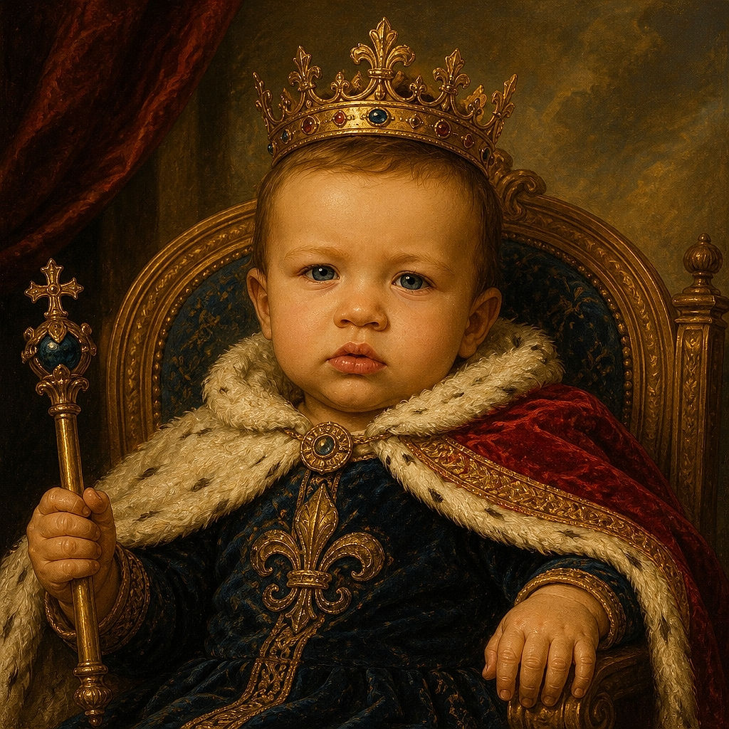 A wide-eyed baby sits in a purple swing, looking intensely serious as if personally offended by the laws of gravity. The close-up portrait is clear and well-lit, with gray safety straps and a colorful playground-style seat framing the tiny philosopher.