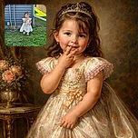 A cute little girl in a flowery dress stands thoughtfully on the grass in front of a blue house wall with pipes, striking a playful pose with her finger on her chin as if pondering a big secret.