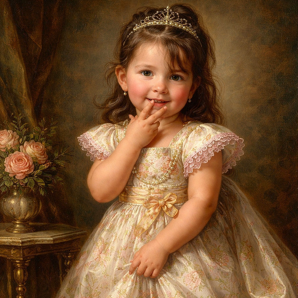A cute little girl in a flowery dress stands thoughtfully on the grass in front of a blue house wall with pipes, striking a playful pose with her finger on her chin as if pondering a big secret.