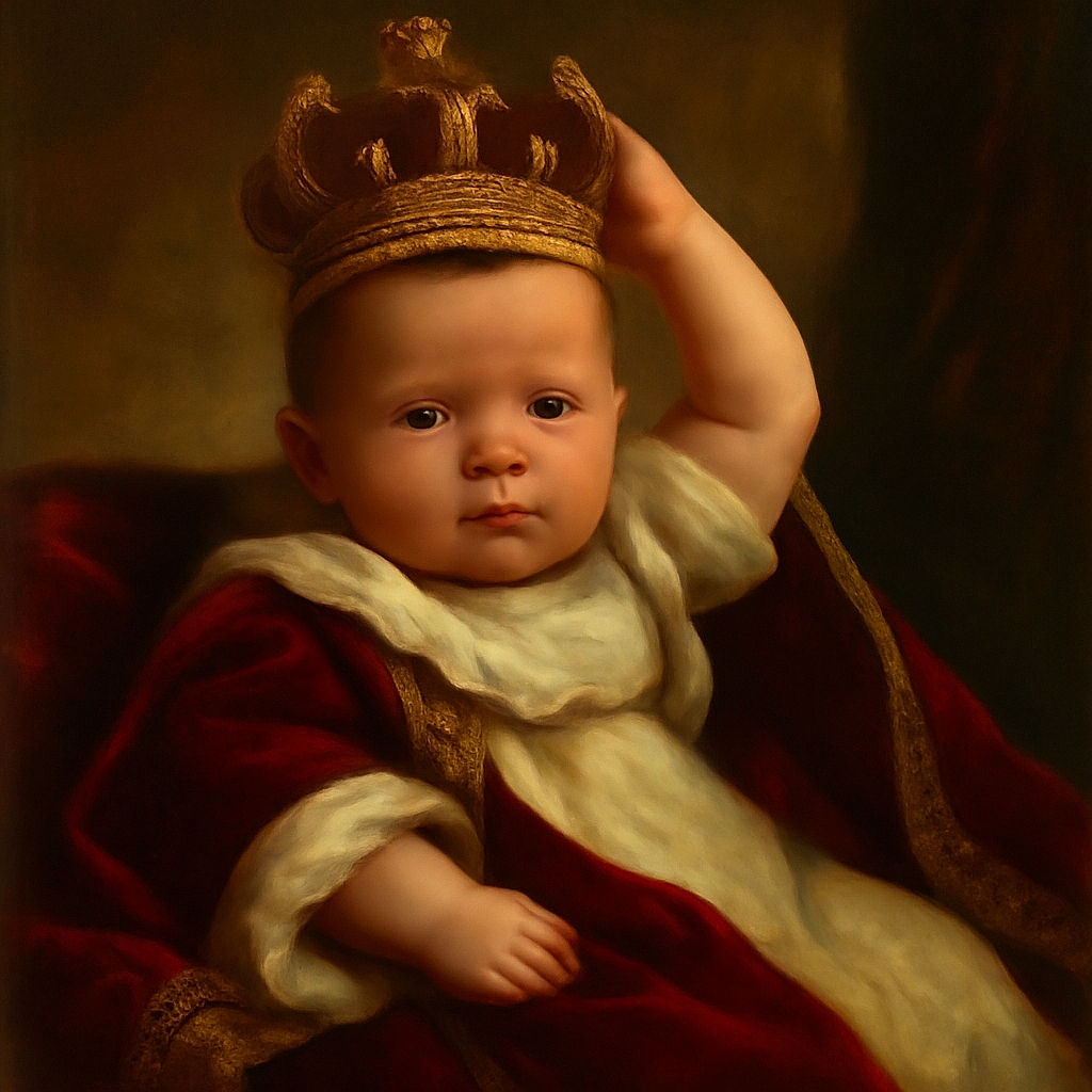 A tiny newborn baby lying in a hospital bassinet, wrapped in soft blankets, wearing a white onesie, with arms raised and eyes wide open, capturing the pure innocence of the first moments outside the womb.