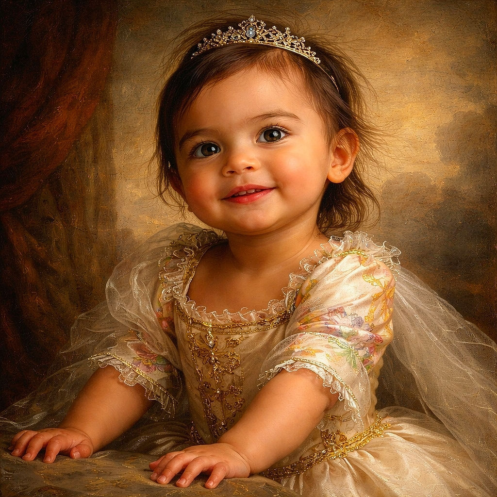 A curious toddler with a pacifier clipped to their colorful fruit-patterned shirt leans on a couch, eyes wide with wonder and a playful smile, framed by a cozy living room with soft cushions and a bright window behind.