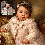 A chubby-cheeked baby bundled in a pale pink puffy coat lies on a grey sofa, a tiny bow clip in their hair and a patch of sunlight theatrically spotlighting their face — equal parts royal portrait and adorable nap interruption.