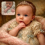 A curious baby nestled in a cozy, fluffy pink blanket, wearing a striped outfit, with fingers in mouth as if pondering the mysteries of the world.