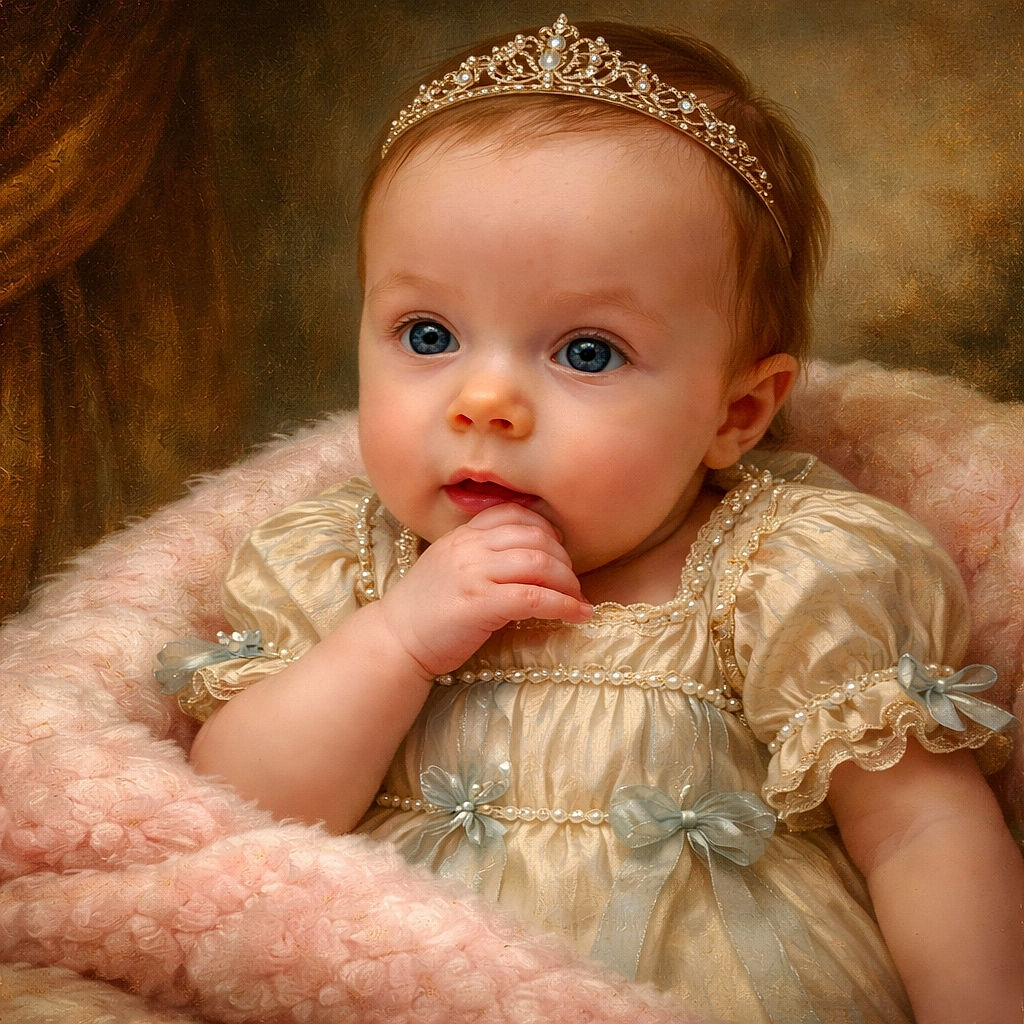 A curious baby nestled in a cozy, fluffy pink blanket, wearing a striped outfit, with fingers in mouth as if pondering the mysteries of the world.