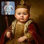 A chubby-cheeked baby lies on a knitted blanket, wearing a whimsical outfit covered in smiling suns, rainbows, and stars, topped with a matching sun-patterned bucket hat. The baby gazes curiously at the camera with bright eyes and a gentle smile, radiating pure adorableness in a cozy, colorful setting.