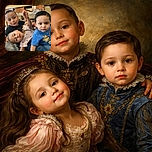 Three adorable kids are caught in a candid moment of playful chaos, with one kid holding a tiny object up like a treasure, another lounging sideways with a cheeky grin, and the youngest sporting a blue shirt with a cartoon character, looking curiously at the camera with a bit of snack on his lips. The background shows a casual indoor setting with chairs and a table, adding to the homey vibe.