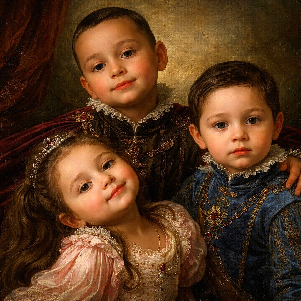 Three adorable kids are caught in a candid moment of playful chaos, with one kid holding a tiny object up like a treasure, another lounging sideways with a cheeky grin, and the youngest sporting a blue shirt with a cartoon character, looking curiously at the camera with a bit of snack on his lips. The background shows a casual indoor setting with chairs and a table, adding to the homey vibe.
