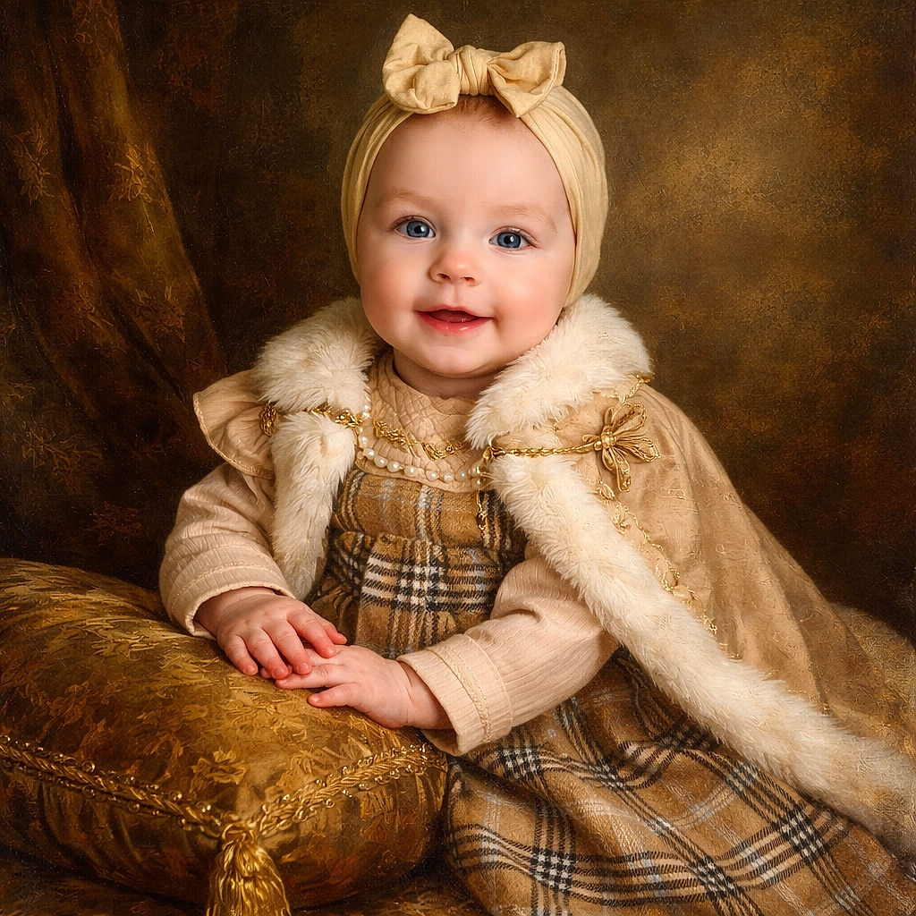 A delighted baby in a bow headband and plaid dress lounges like royalty on a plush sofa, flashing an adorable smile and tiny hands gripping the fluffiest vest.