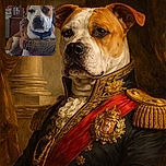 A large brown and white dog with a blue collar is being held by a person wearing camouflage clothing. The dog looks calm and slightly curious, sitting indoors in front of a wooden cabinet filled with various items.