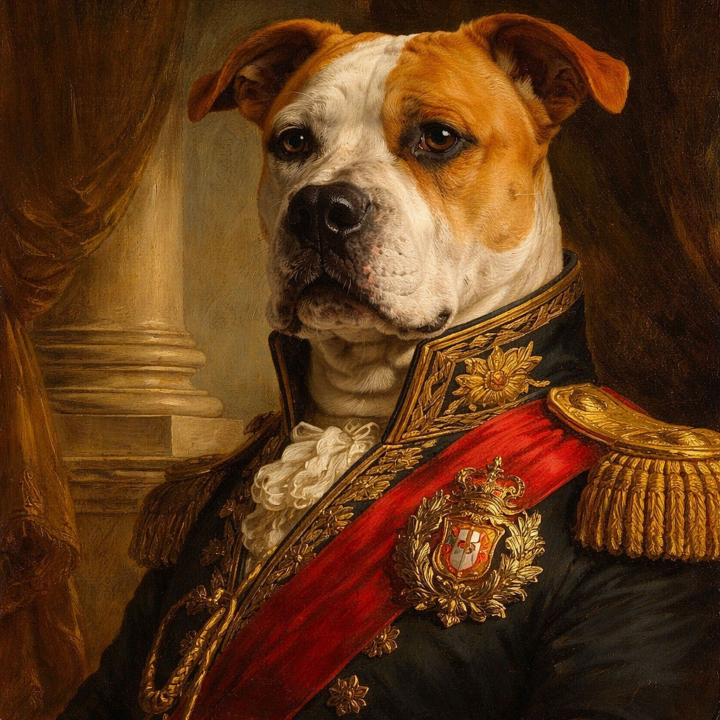 A large brown and white dog with a blue collar is being held by a person wearing camouflage clothing. The dog looks calm and slightly curious, sitting indoors in front of a wooden cabinet filled with various items.