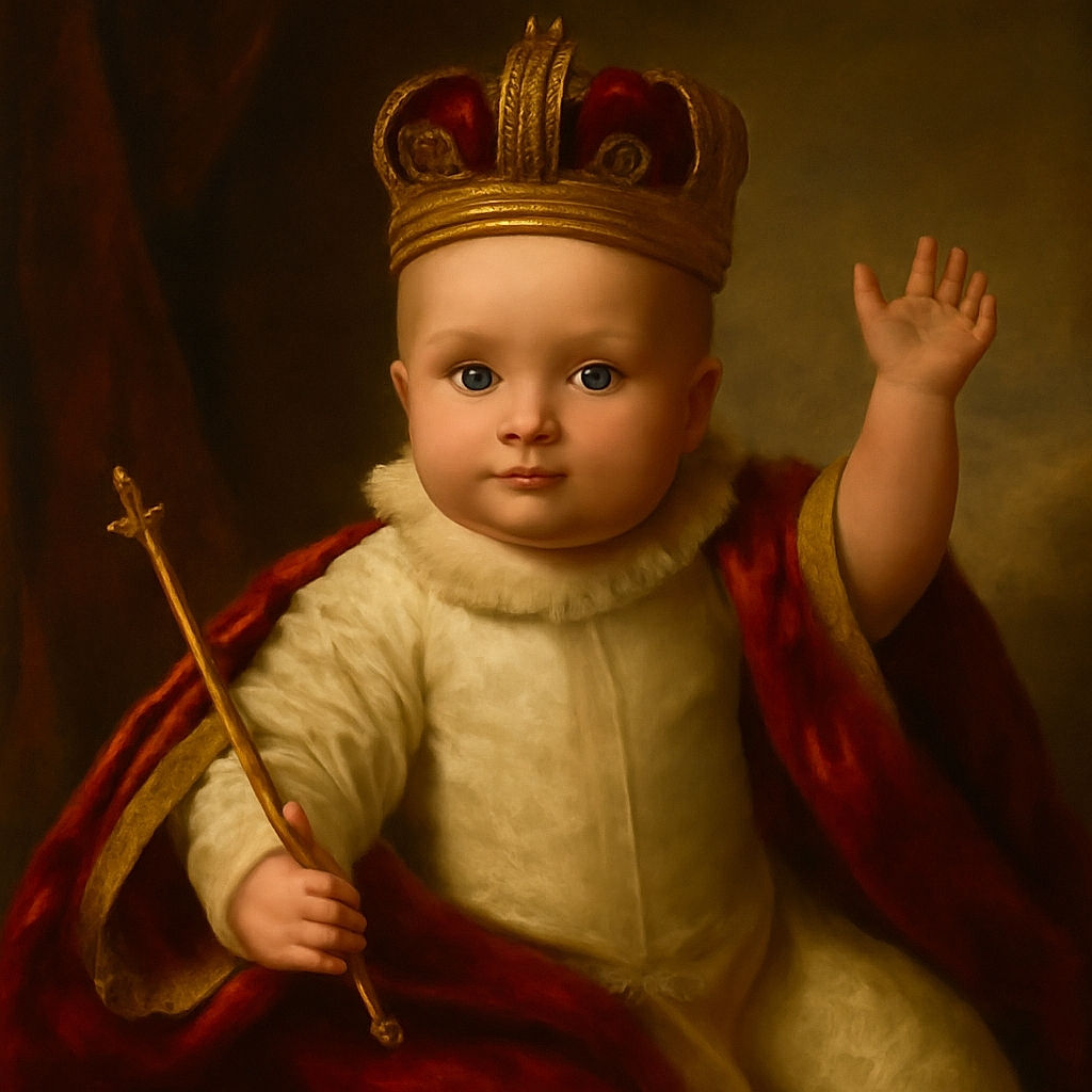 A cute baby wrapped in a cozy bear-patterned towel looks curiously at the camera, one arm raised as if waving hello, with soft lighting giving a warm and intimate feel.