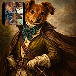 A charming small dog with fluffy paws and a stylish teal bow tie lounges comfortably on a couch, looking curiously at the camera with bright, expressive eyes. The cozy background with blankets and cushions adds a warm, homely vibe.