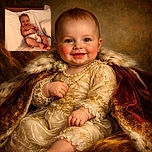 A cheerful baby lounging comfortably on a bed surrounded by fluffy white pillows, flashing an adorable smile that could melt anyone's heart. The warm lighting adds a cozy and inviting feel to the scene.