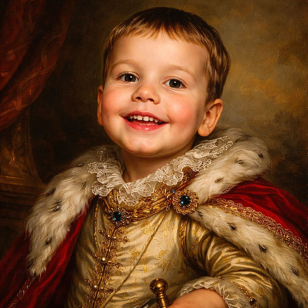 A gleeful toddler grins straight at the camera with cheeks like marshmallows and a flash-lit sparkle in their eyes — the kind of close-up that screams "I woke up like this" while the living room becomes dramatic background decor.
