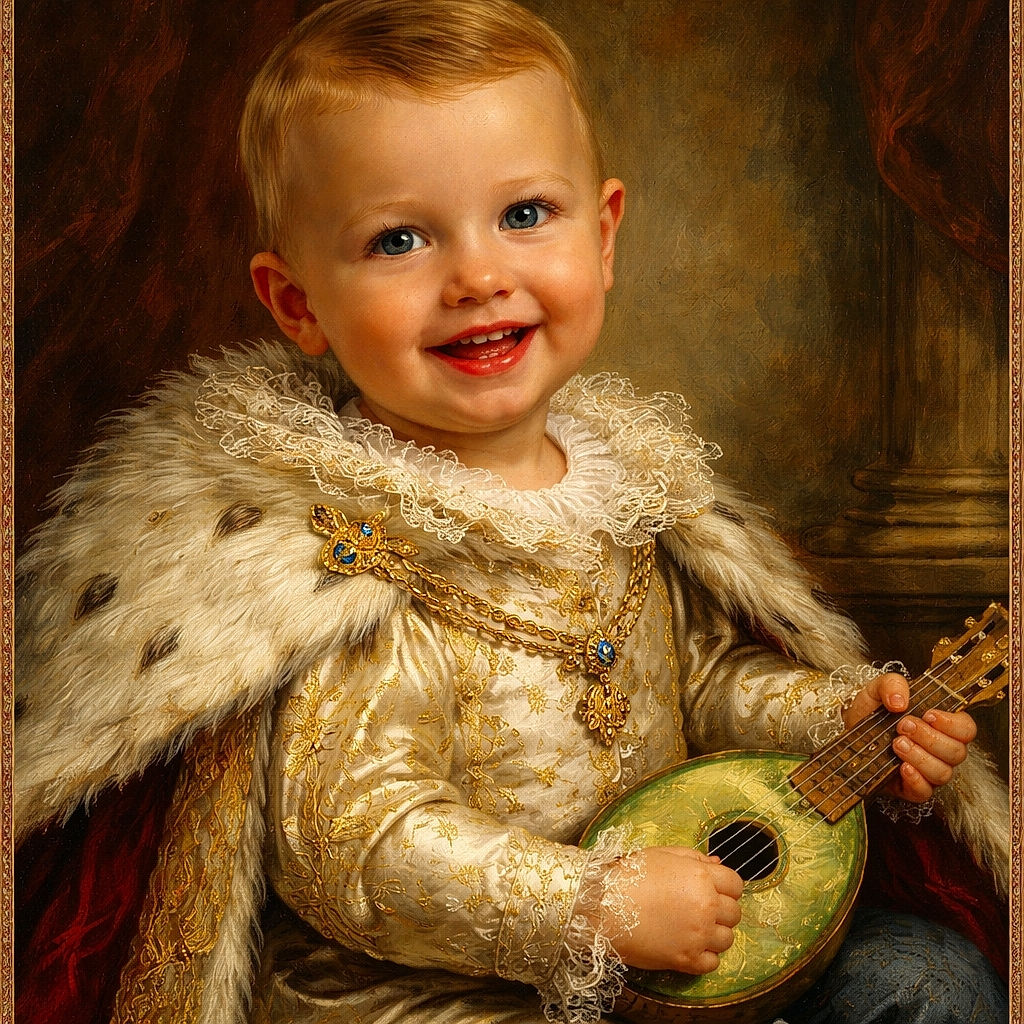 A cheerful toddler sits on colorful foam mats, holding a small green ukulele with a kiwi design, surrounded by playful toys and a bright, cozy room.