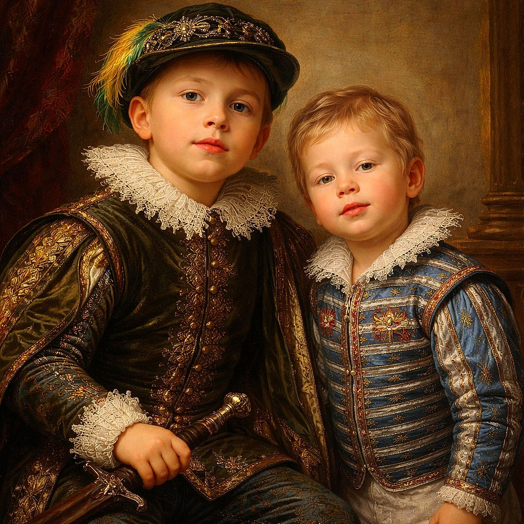 Two little rascals in front of a wooden gate — one sitting solemn in a camo set and cap, the other standing mid-squint/stick-out-tongue like he just tasted a lemon. Stone pillar, mossy step and grass complete the backyard scene; pure chaotic charm.