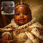 A close-up selfie of a baby with big, curious eyes and a gentle smile, wearing a light-colored outfit with animal prints. The background is softly blurred, making the adorable face the star of the shot.