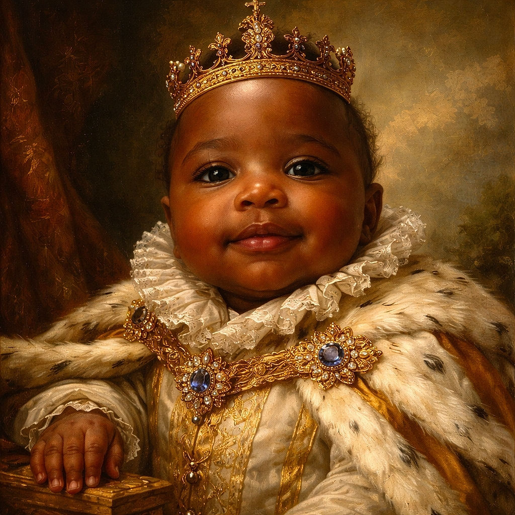 A close-up selfie of a baby with big, curious eyes and a gentle smile, wearing a light-colored outfit with animal prints. The background is softly blurred, making the adorable face the star of the shot.