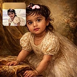 A curious toddler with big expressive eyes and a pink heart hair clip is crawling on a fluffy white bed, dressed in a delicate cream and yellow checkered dress with lace details, set against a warm beige background.