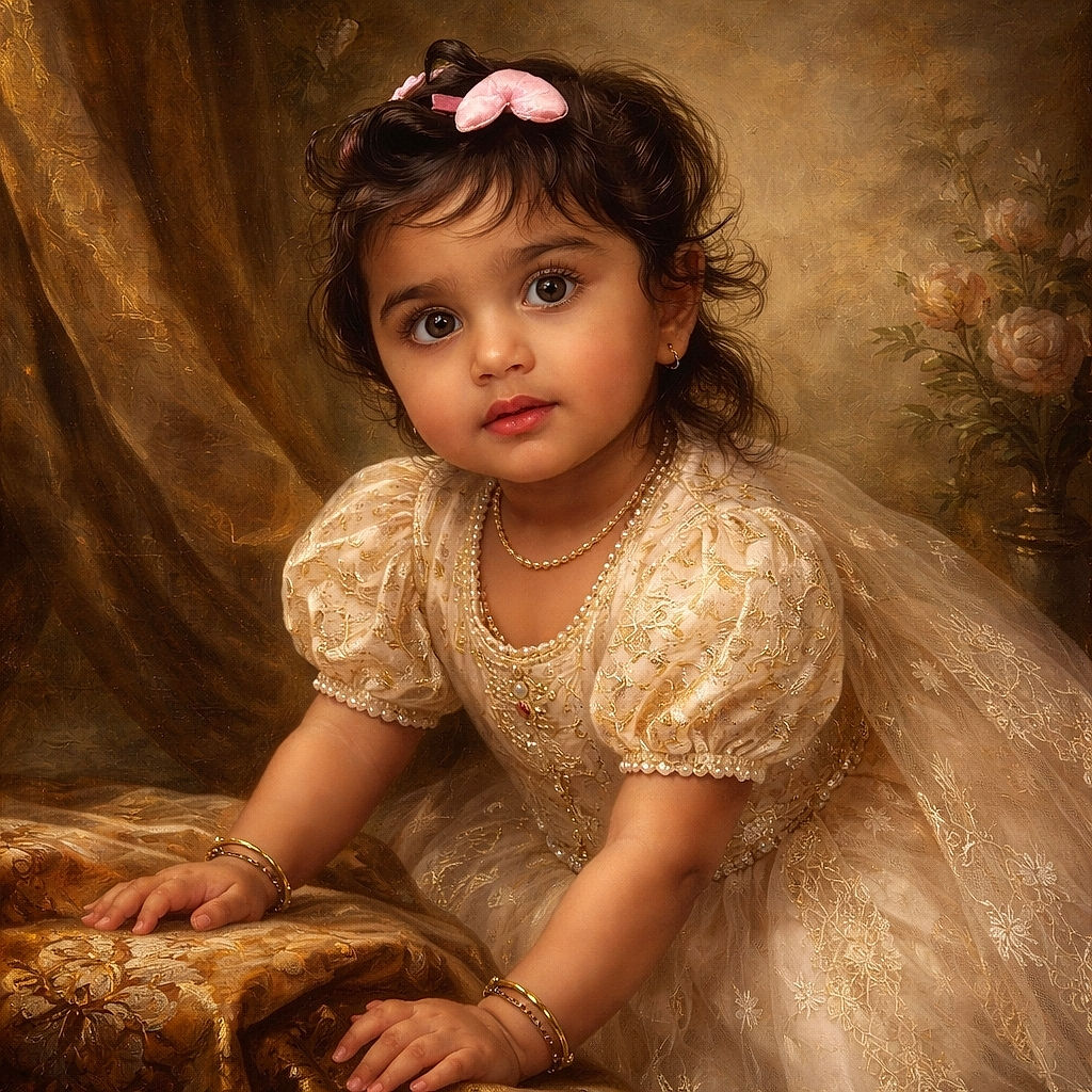 A curious toddler with big expressive eyes and a pink heart hair clip is crawling on a fluffy white bed, dressed in a delicate cream and yellow checkered dress with lace details, set against a warm beige background.