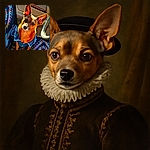 A charming small dog dressed in a denim jacket sits attentively on a colorful patterned car seat cover, with sunlight highlighting its expressive ears and curious eyes, creating a warm and cozy vibe inside the vehicle.